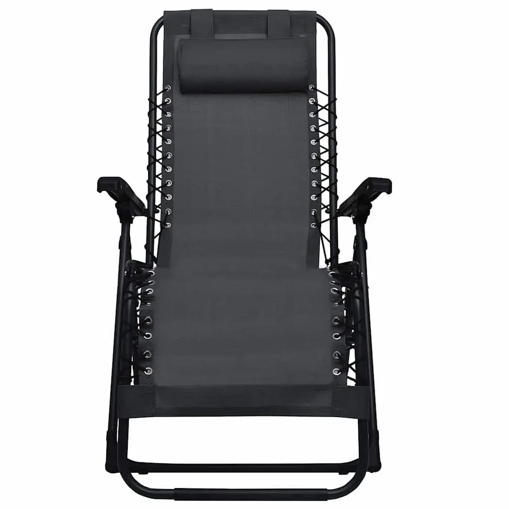 Folding Deck Chair Steel Black Textilene Reclining Outdoor Garden Patio Lounger