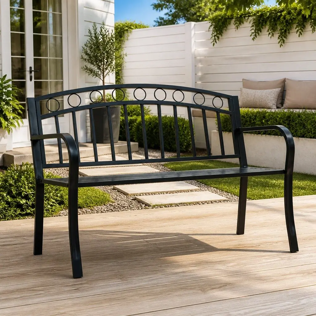 Garden Bench Metal 125cm Black Outdoor Furniture Curved Armrests