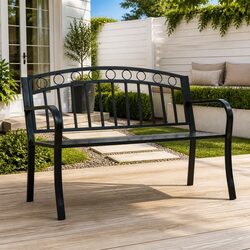 Stylish 125cm Black Metal Garden Bench with Curved Armrests