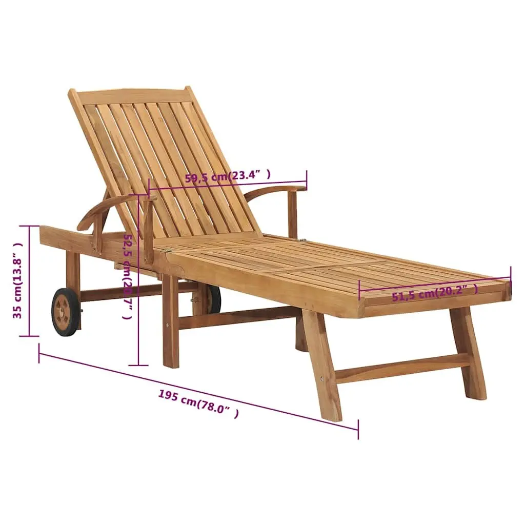 Teak Wood Sun Lounger with Adjustable Backrest and Wheels