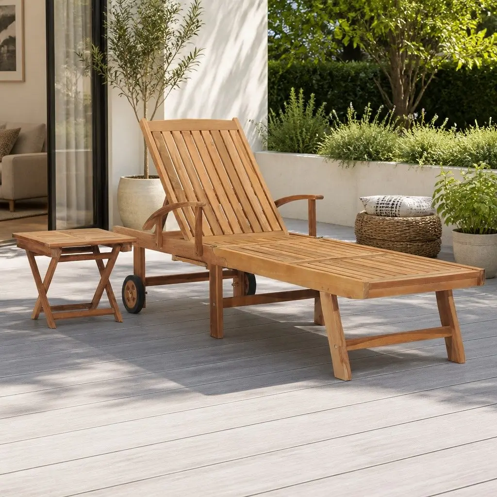 Brown Sun Lounger with Table and Adjustable Backrest