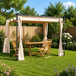 3x3 m Cream Outdoor Gazebo with Curtains and Steel Frame