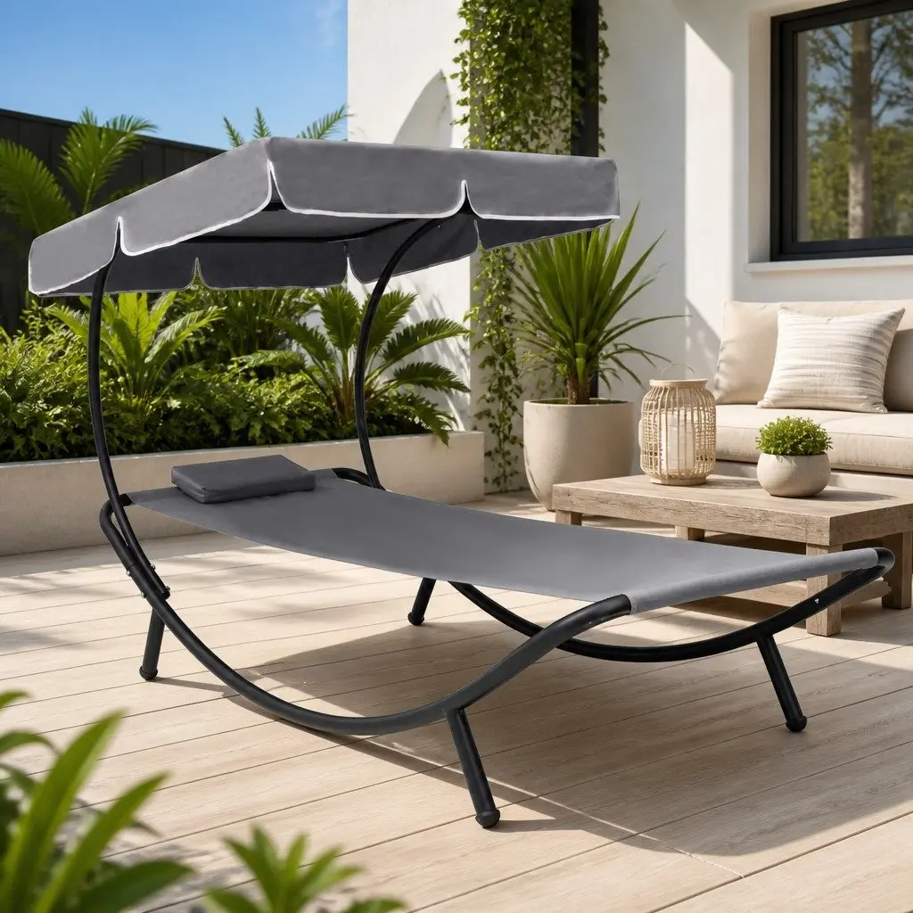 Outdoor Sun Lounger Bed with Canopy in Grey