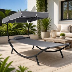 Durable Outdoor Sun Lounger Bed with Canopy in Grey