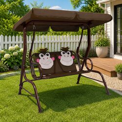 Kids Swing Bench Brown Garden Patio Outdoor Seating with Canopy Shade