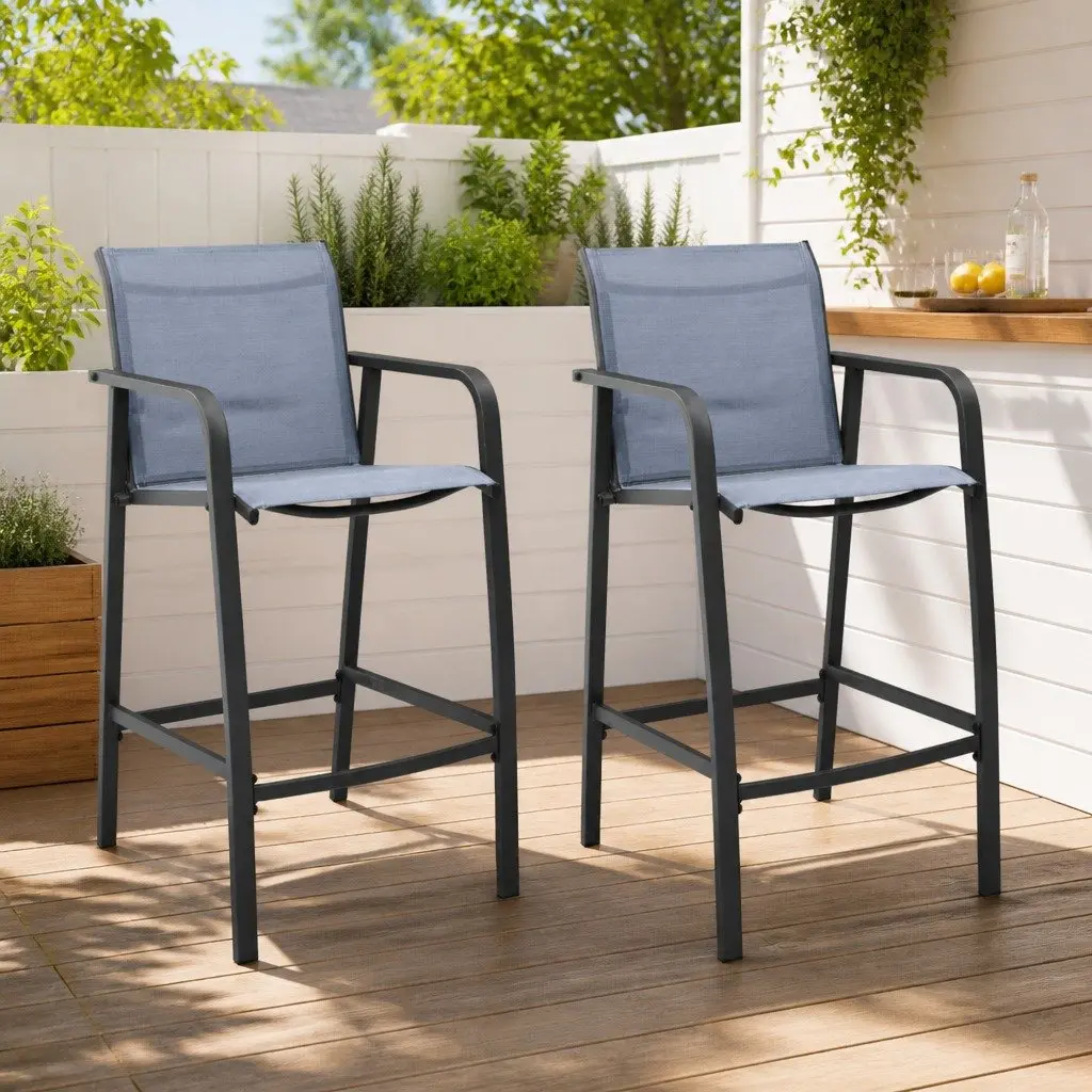 Outdoor Bar Chairs Textilene Steel Grey 2 Piece