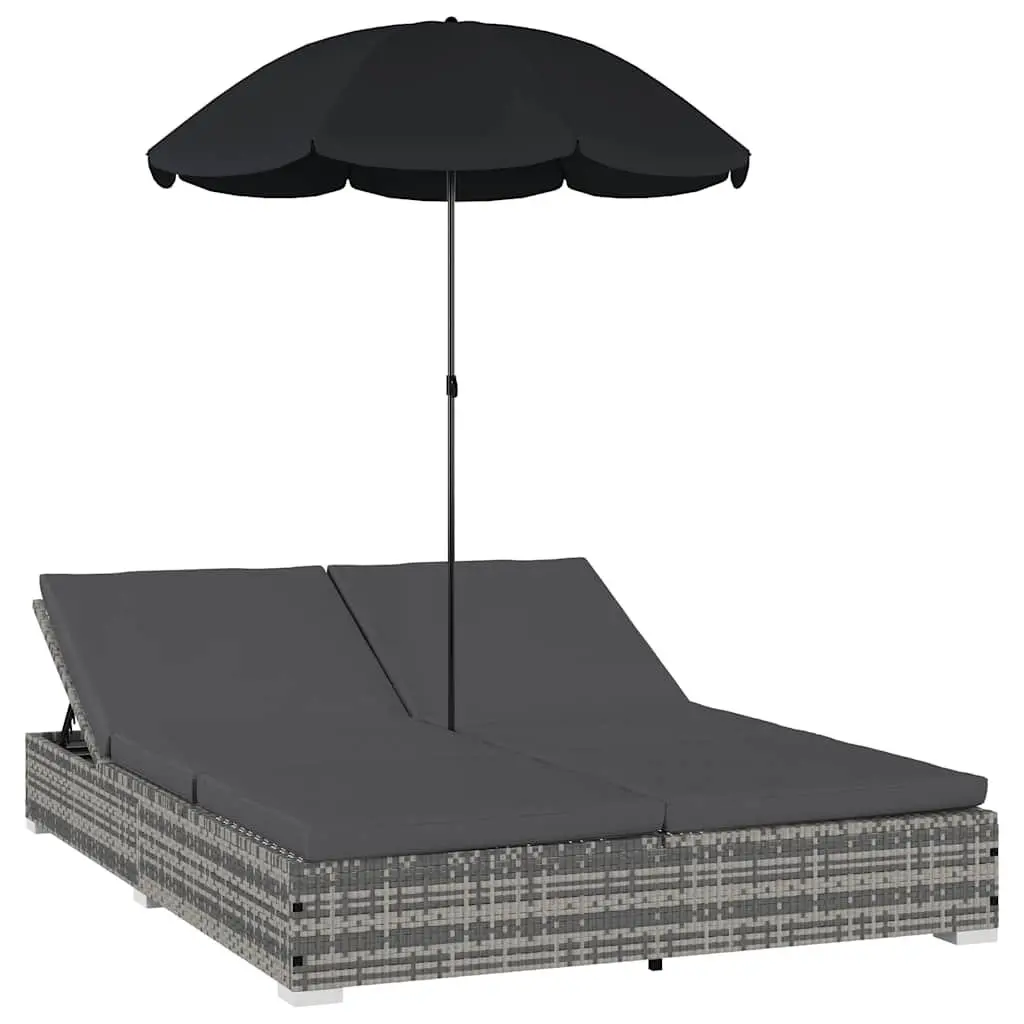 Outdoor Lounge Bed PE Rattan Grey with Umbrella for 2 People