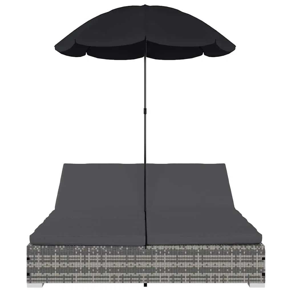 Outdoor Lounge Bed PE Rattan Grey with Umbrella for 2 People