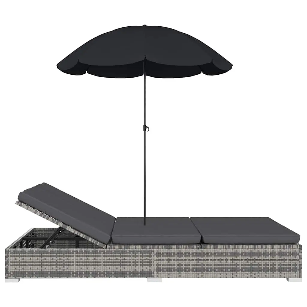 Outdoor Lounge Bed PE Rattan Grey with Umbrella for 2 People