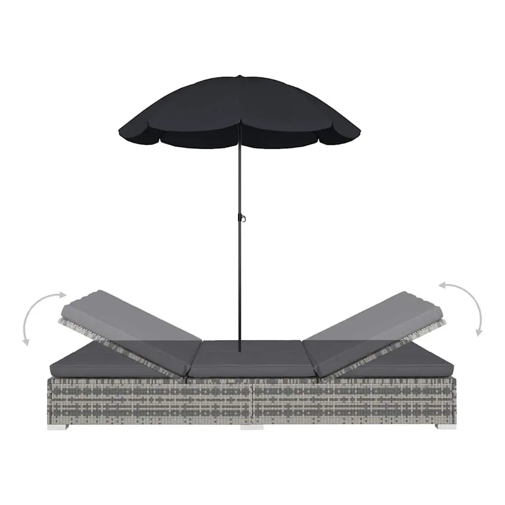 Outdoor Lounge Bed PE Rattan Grey with Umbrella for 2 People