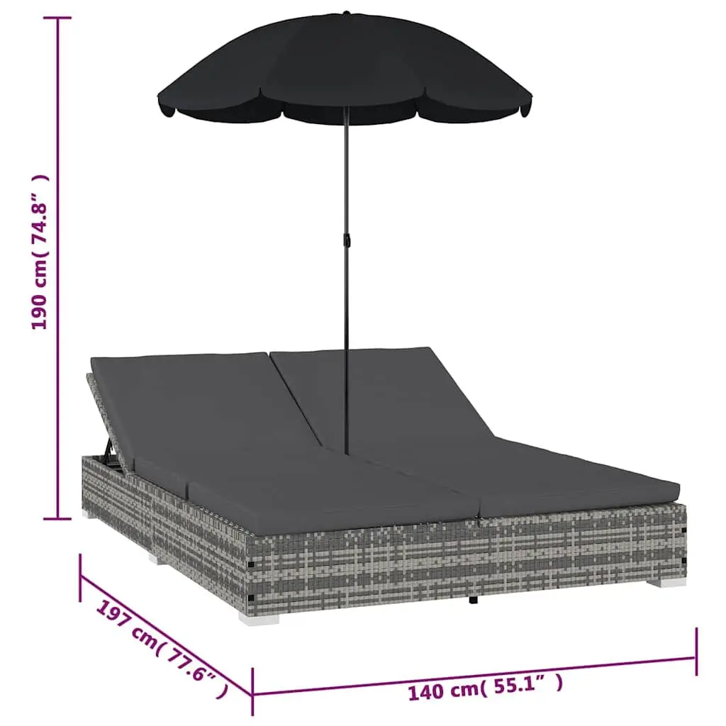 Outdoor Lounge Bed PE Rattan Grey with Umbrella for 2 People