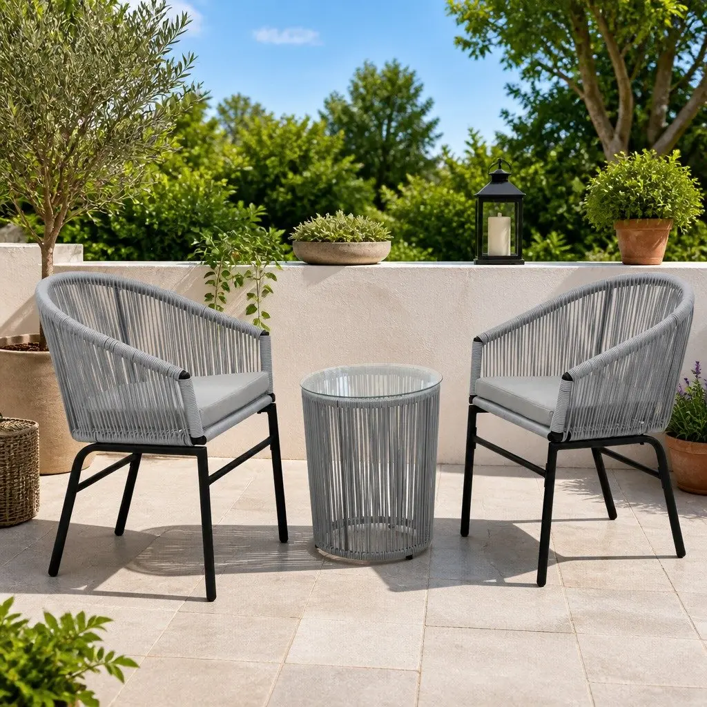 3 Piece Bistro Lounge Set PE Rattan Steel Frame Glass Top Grey