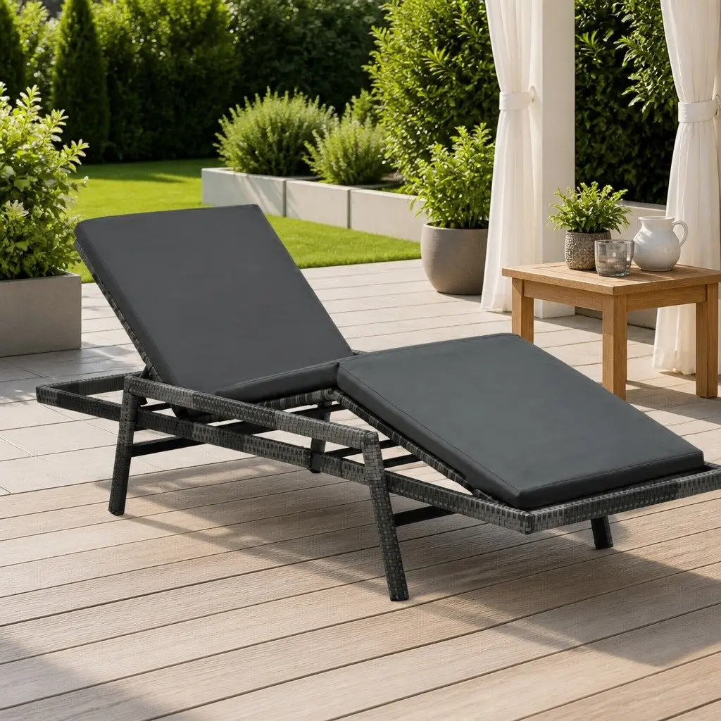 Sun Lounger PE Rattan Adjustable Reclining Lounge Chair Grey Powder-coated Steel