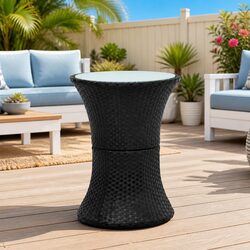 Drum Shape Garden Side Table Outdoor Rattan Black Easy Assembly Leisure