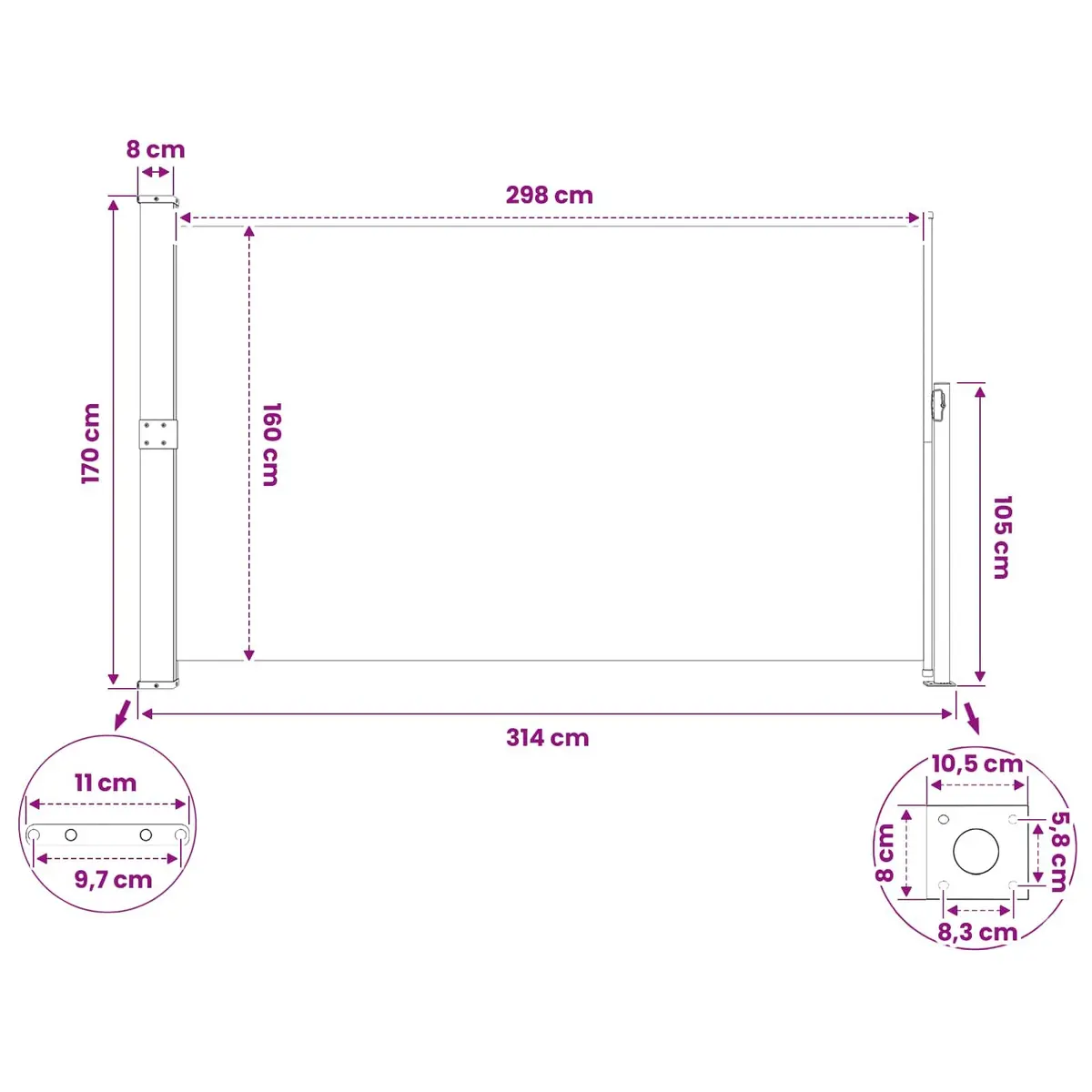 170x300cm Retractable Side Awning for Outdoor Spaces
