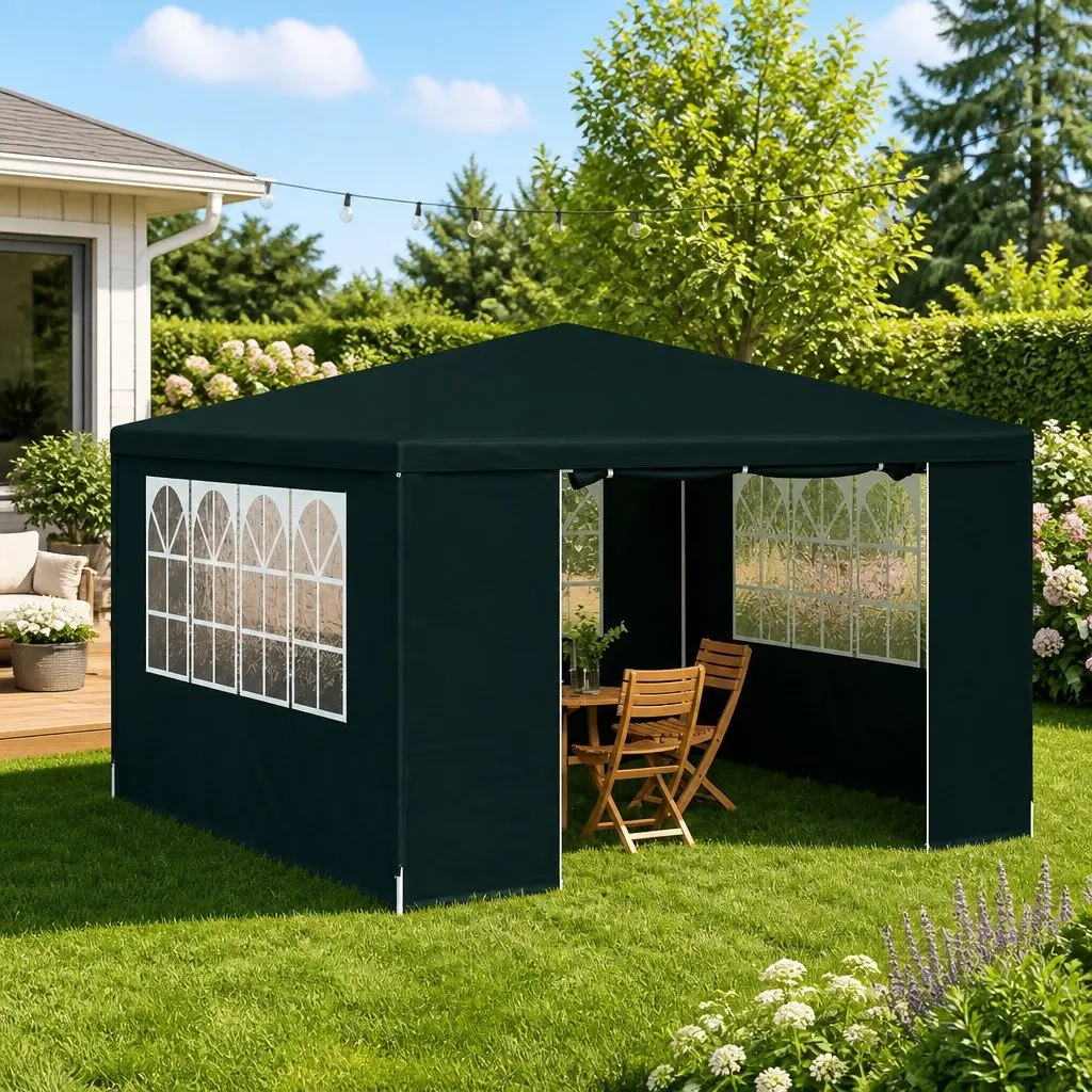 4x4 m Green Outdoor Party Tent with Side Walls and Windows