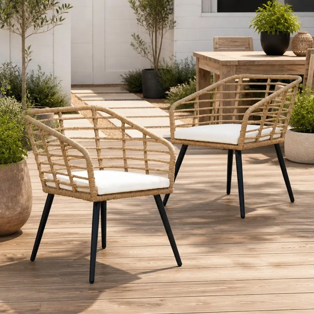 Brown Poly Rattan Outdoor Chairs with Cushions