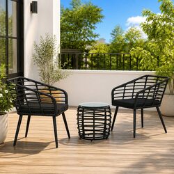 Black Poly Rattan 3 Piece Bistro Set for Outdoor Spaces