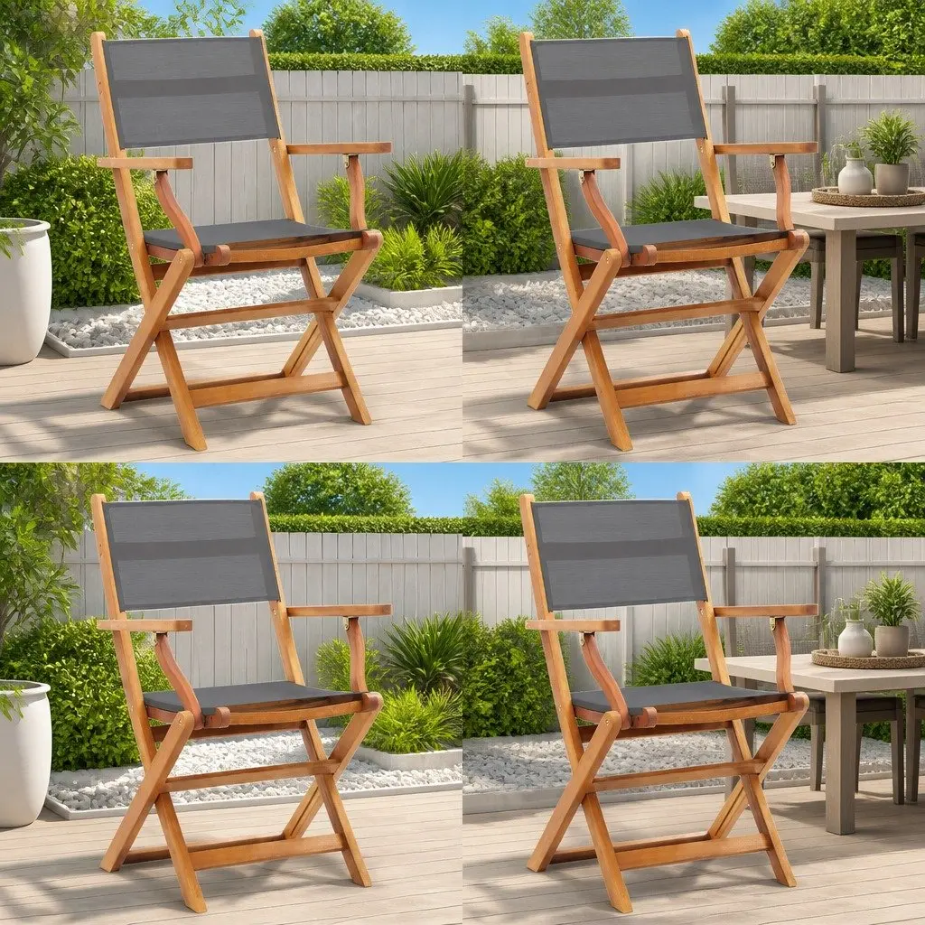 4-Piece Grey Eucalyptus Wood Folding Armchairs Set