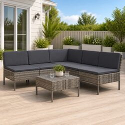 Modular 6 Piece Grey Rattan Outdoor Lounge Set