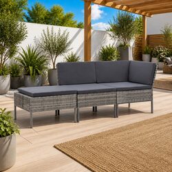Stylish 3 Piece Garden Lounge Set with Cushions - Grey Rattan