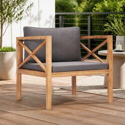 Teak Wood Garden Chair with Grey Cushions for Outdoor Relaxation