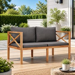 Teak Wood Garden Bench with Grey Cushions for Outdoor Use