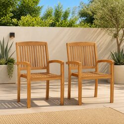 Set of 2 Teak Wood Outdoor Stacking Dining Chairs