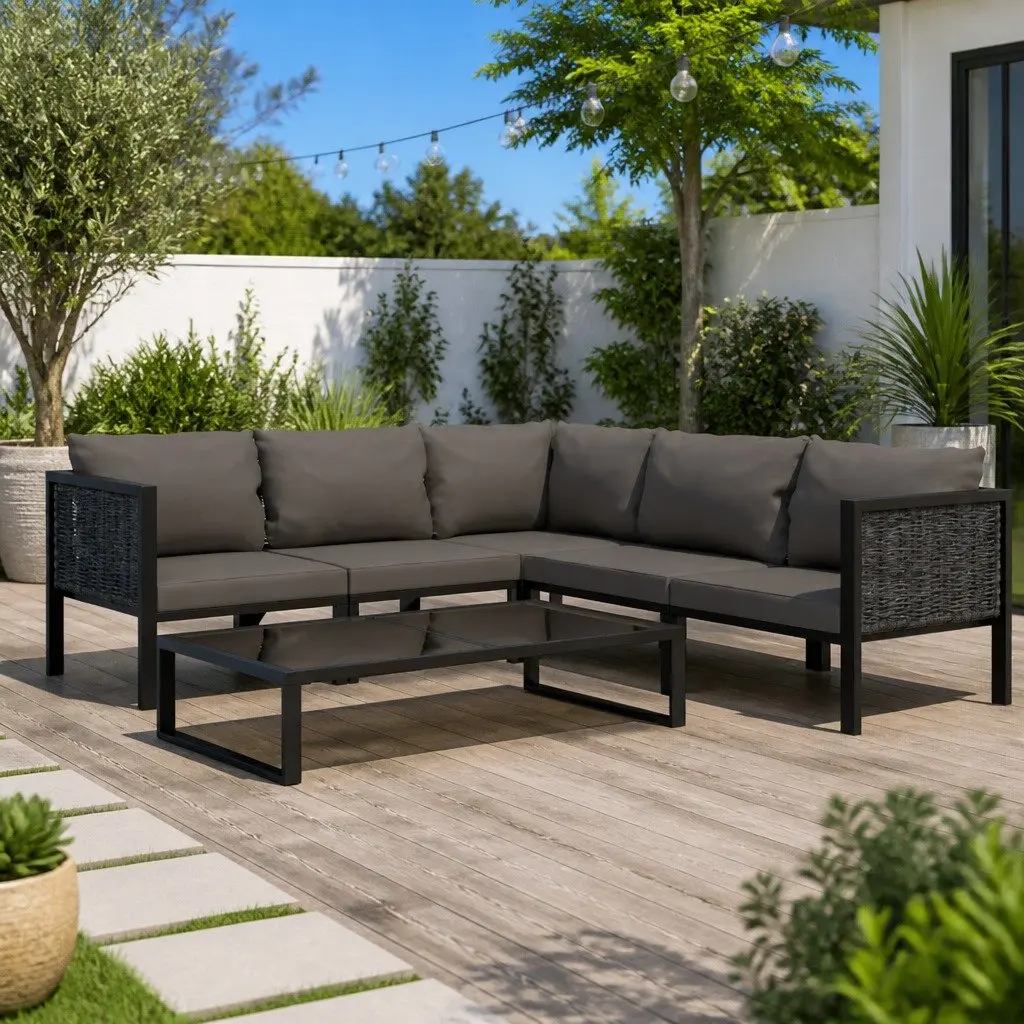 Outdoor Lounge Set Poly Rattan 6 Piece Modular Patio Furniture Anthracite
