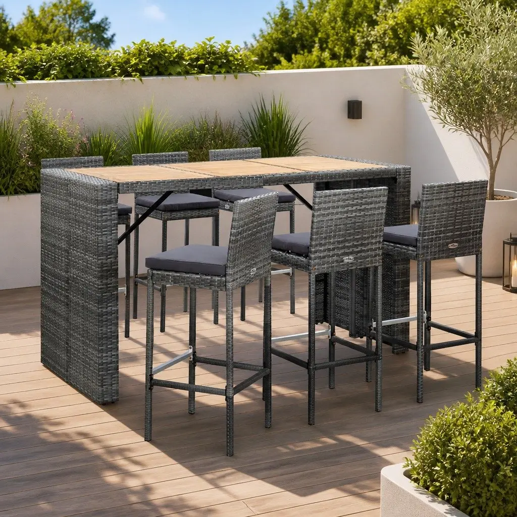 Outdoor Bar Set Poly Rattan 7 Piece Grey Garden Patio Furniture with Cushions