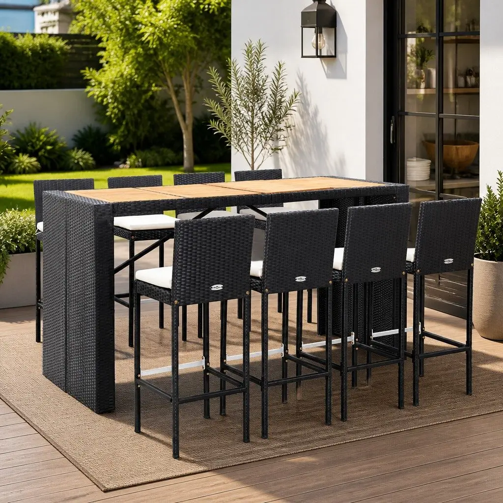 Outdoor Bar Set Poly Rattan Acacia Wood 9 Piece Patio Furniture Black