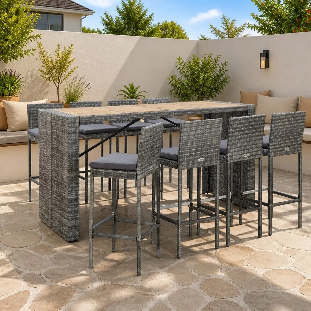 9-Piece Outdoor Bar Set with Acacia Wood Table