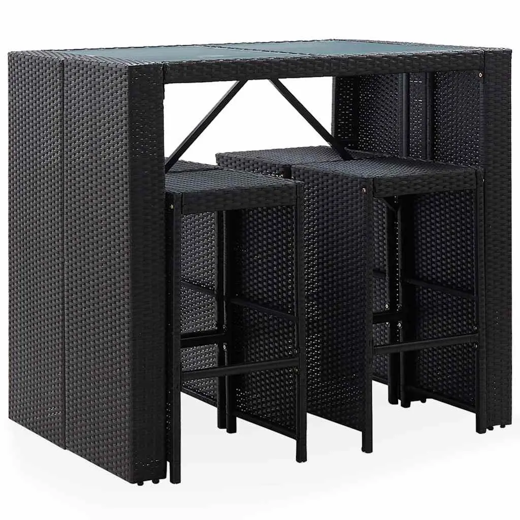 Outdoor Bar Set Poly Rattan Glass Top Table Stools Black 5 Piece