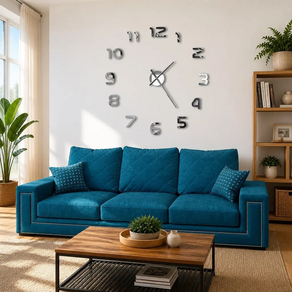 3D Wall Clock Metal 100cm Silver