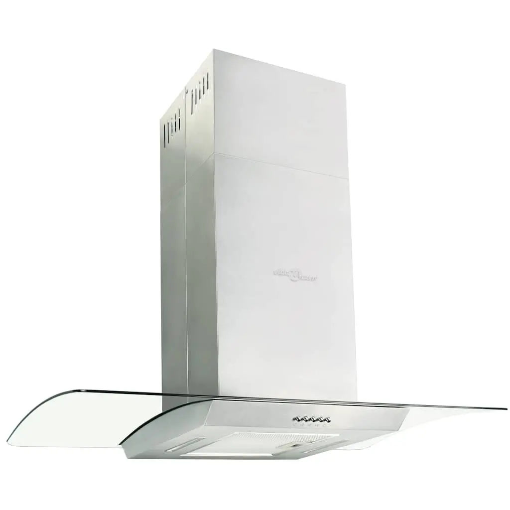 Island Range Hood Stainless Steel 90cm Silver Curved Tempered Glass Canopy