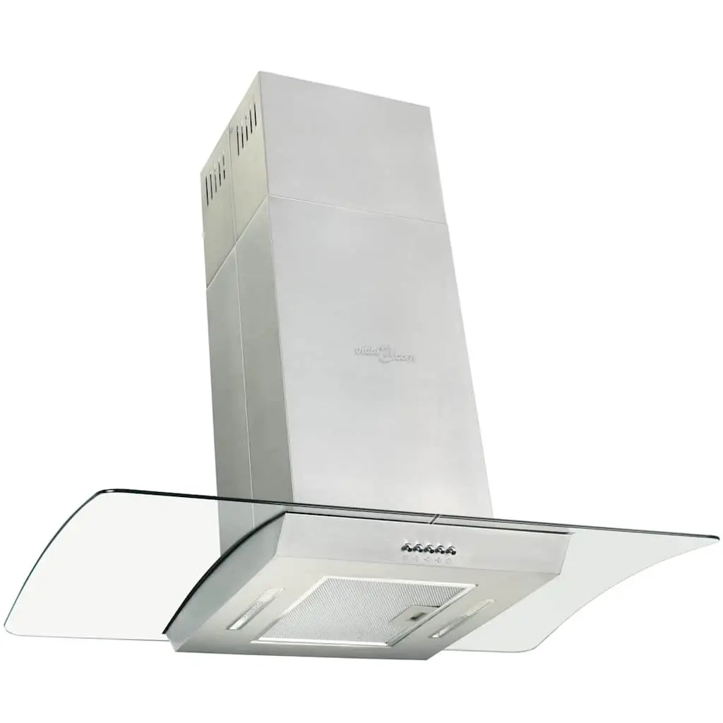 Island Range Hood Stainless Steel 90cm Silver Curved Tempered Glass Canopy