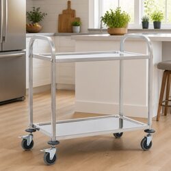 2-Tier Kitchen Trolley Stainless Steel Service Cart Rolling Utility Serving Tray