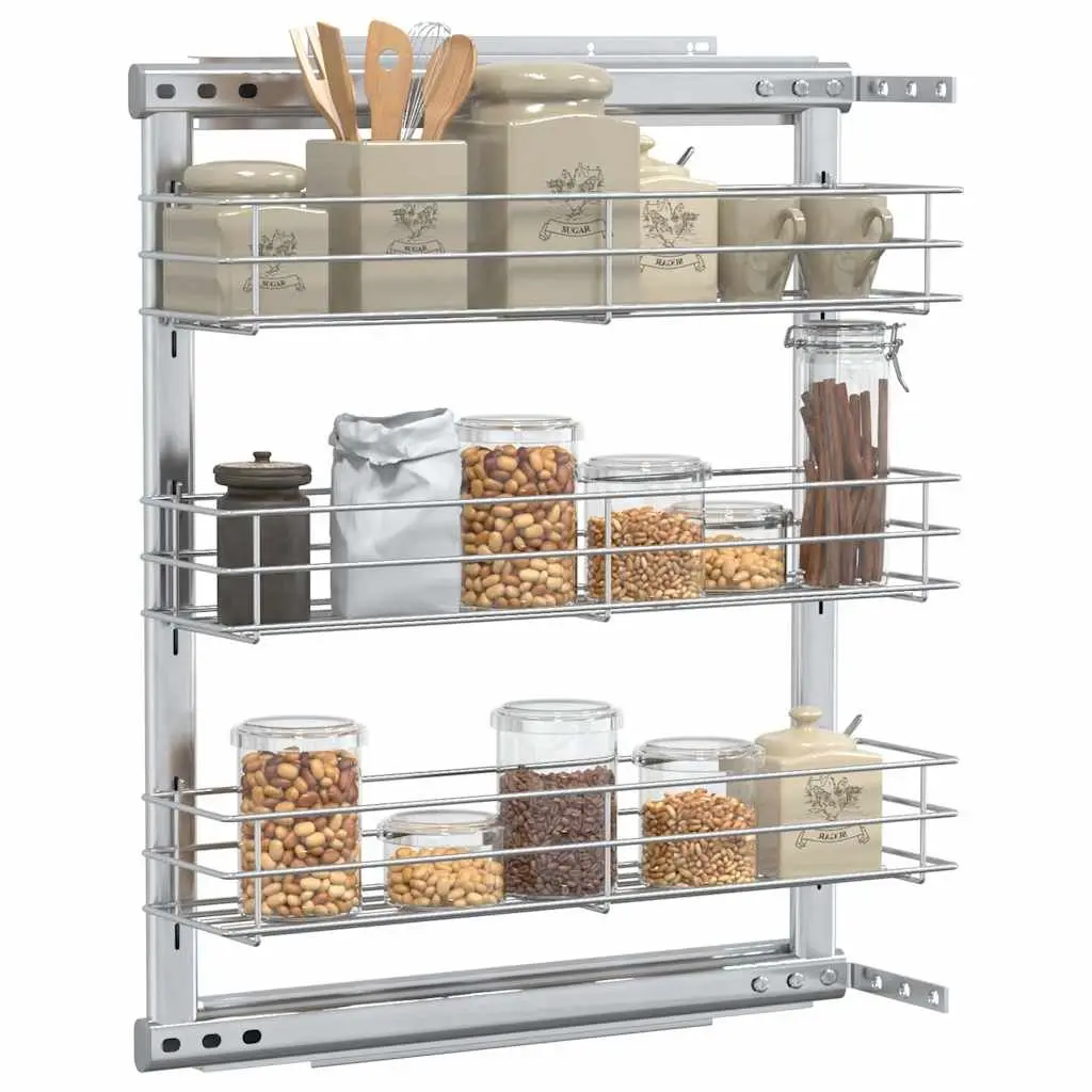 3-Tier Pull-Out Kitchen Wire Basket Storage Organiser Cupboard Rack Silver