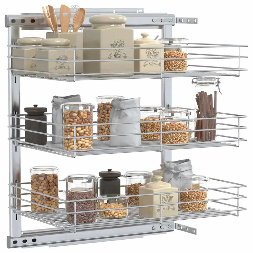 3-Tier Pull-out Kitchen Wire Basket Storage Organiser Cupboard Sliding Shelf