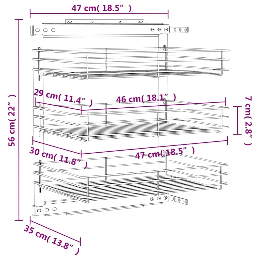 3-Tier Pull-out Kitchen Wire Basket Storage Organiser Cupboard Sliding Shelf