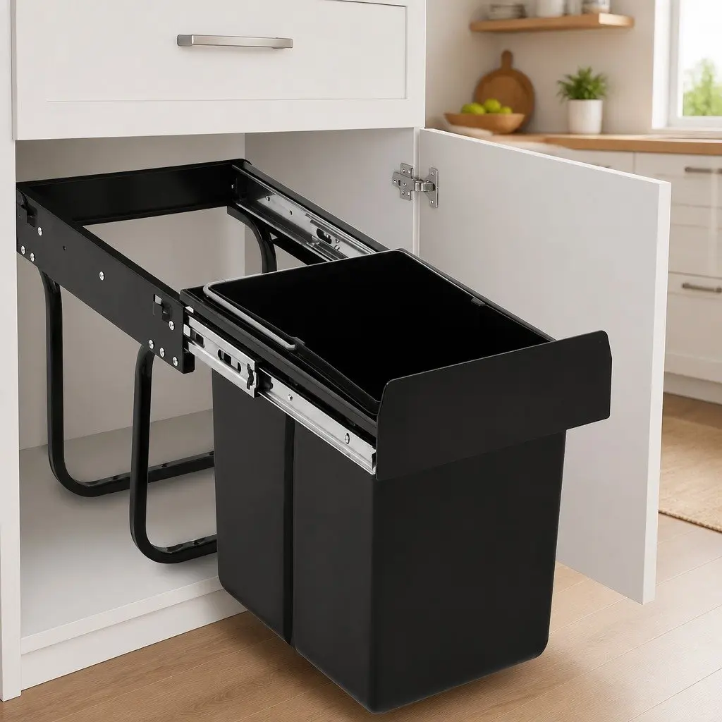 Soft-Close 20L Black Pull-Out Waste Bin for Kitchens