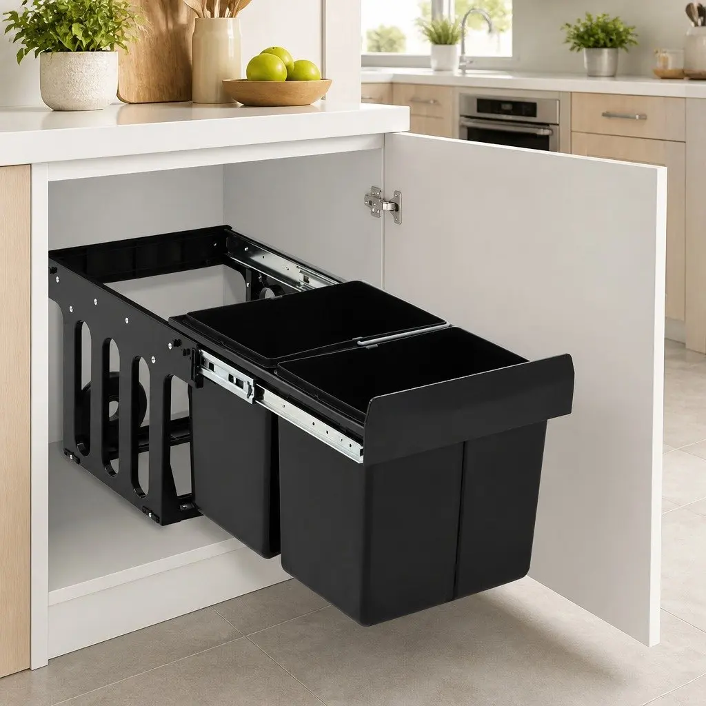 Black Kitchen Waste Bin with Soft-Close Mechanism