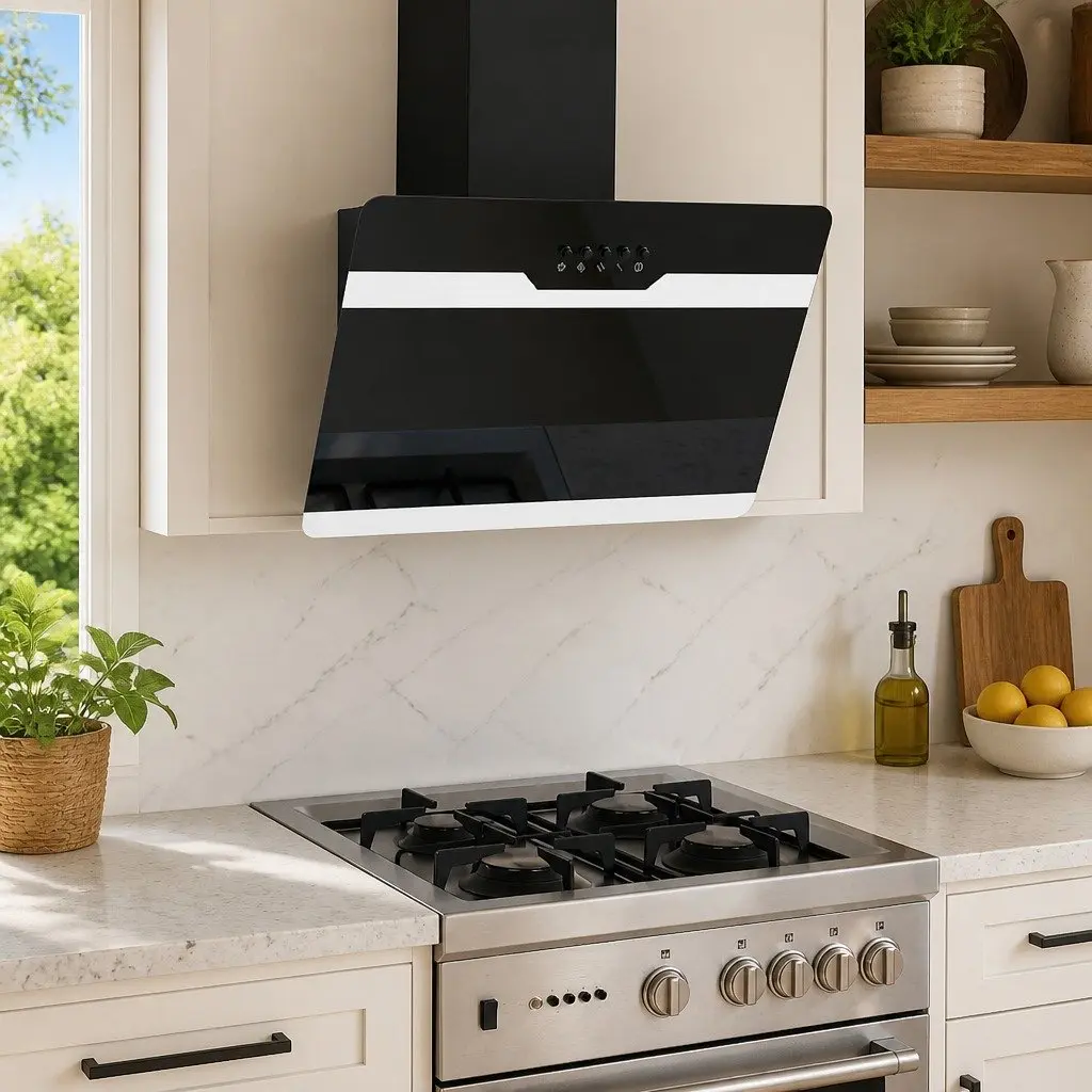 60cm Wall-Mounted Range Hood with Black Tempered Glass