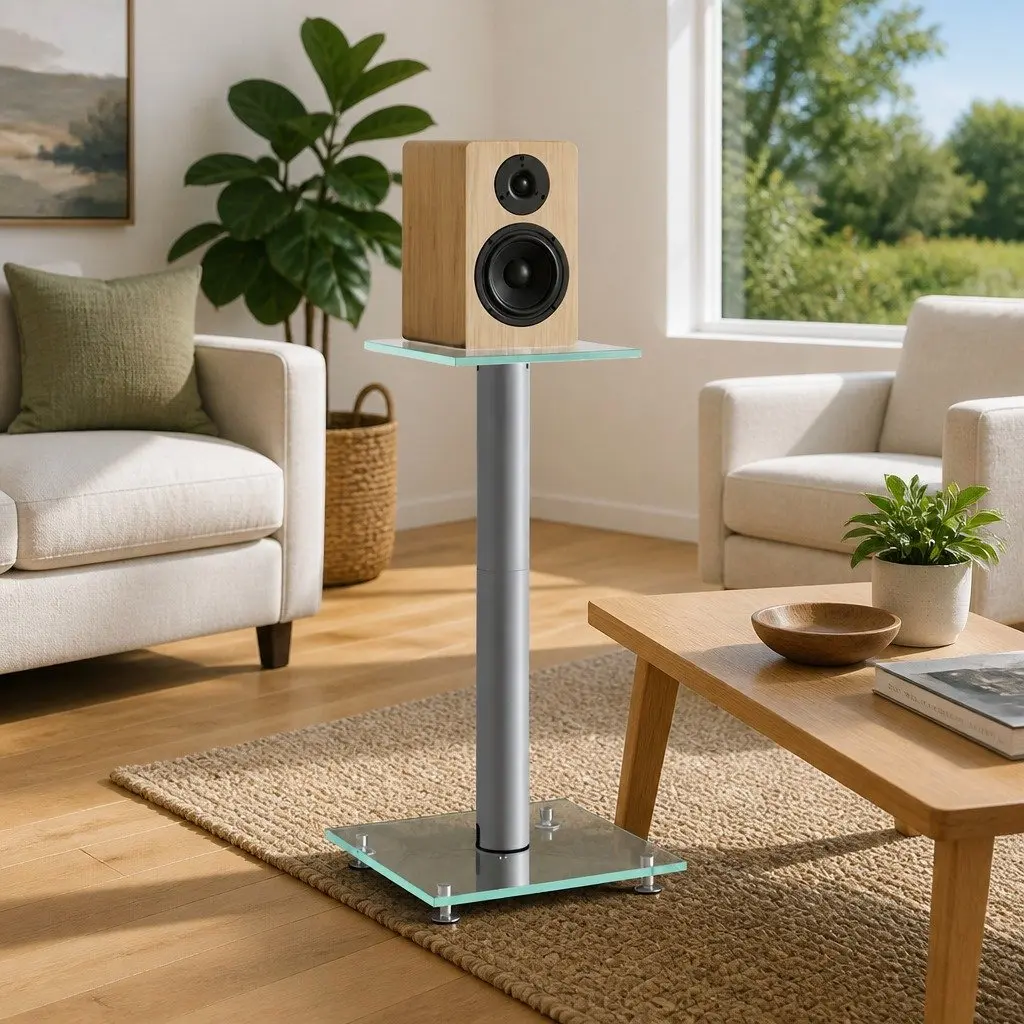 Speaker Stands Pair Silver Tempered Glass 1 Pillar Audio Display Mount