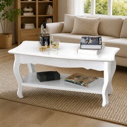 Stylish White Coffee Table with Two-Tier Open Shelves