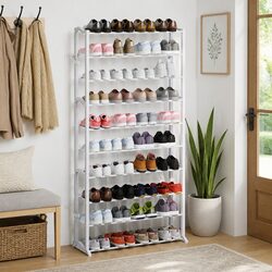 10-Tier Shoe Rack White Compact Storage Organiser Light Weight Easy Assembly