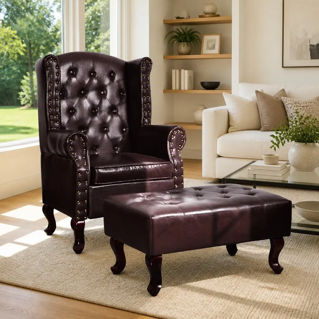 Brown Chesterfield Armchair with Footstool, Button Tufted