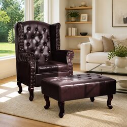 Brown Chesterfield Armchair with Footstool, Button Tufted