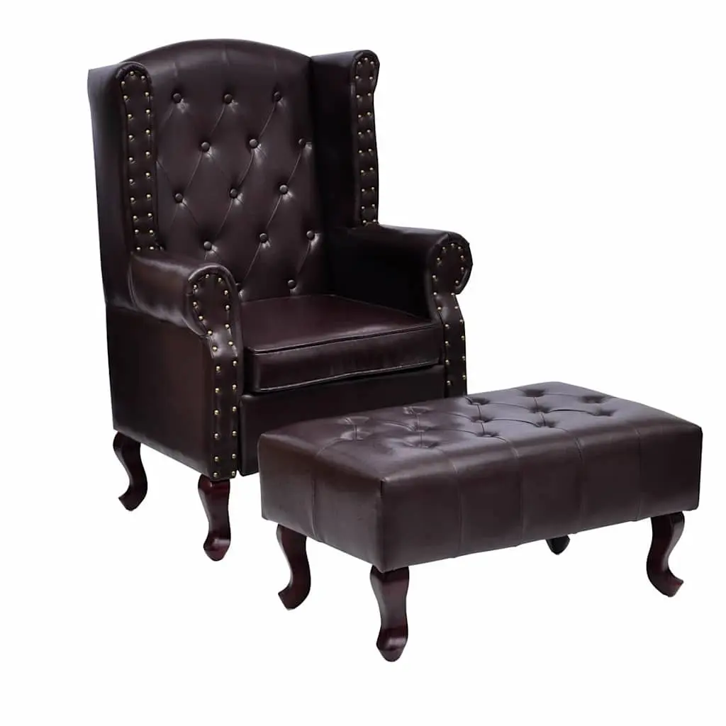 Brown Chesterfield Armchair with Footstool, Button Tufted