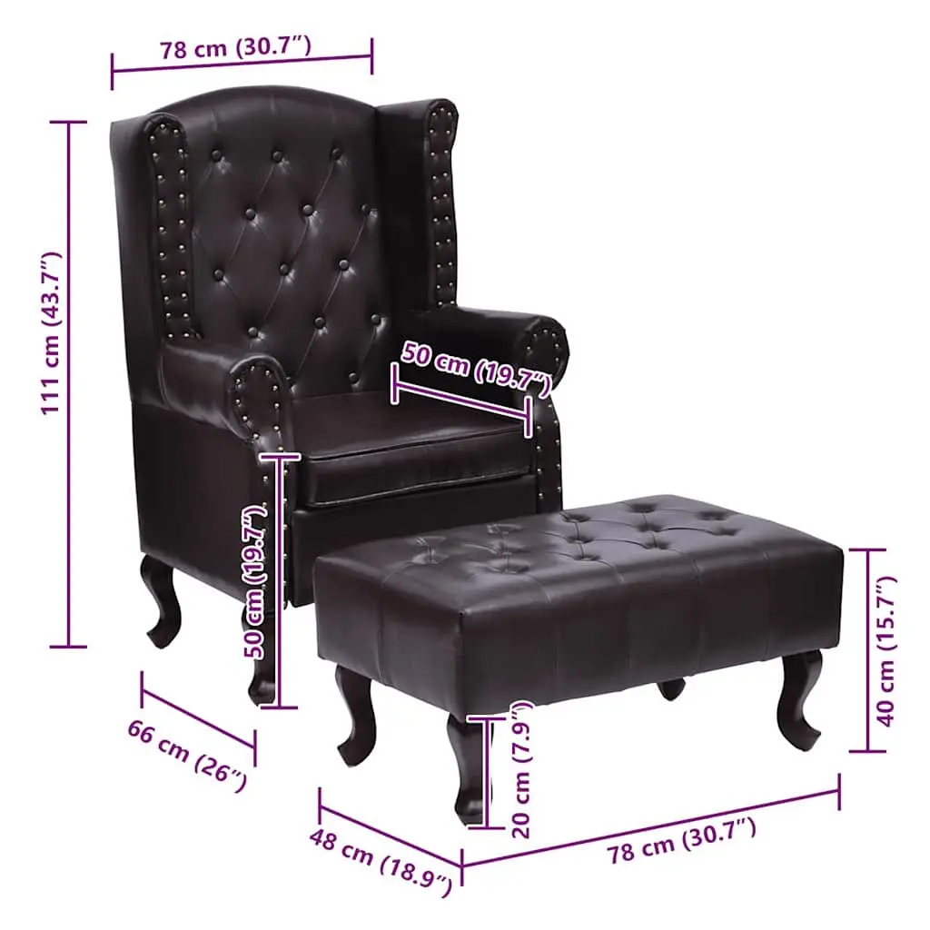 Brown Chesterfield Armchair with Footstool, Button Tufted